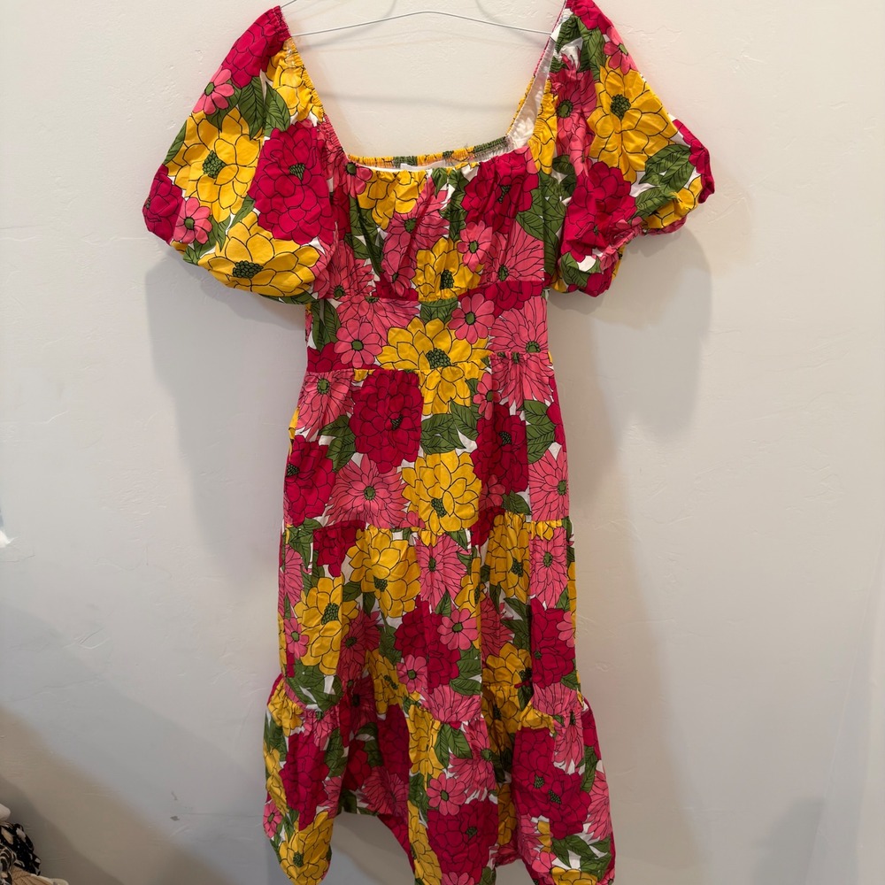Wren The Label Floral Midi Dress Pink Yellow Puff Sleeve Smocked Back Womens M